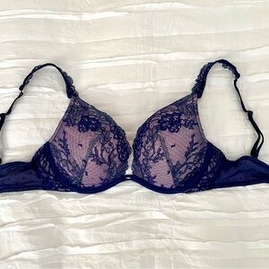 32D Pink and Blue Shimmery Lace Victoria’s Secret Push-Up Bra with Rhinestones